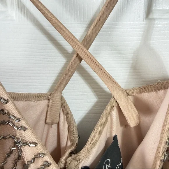 Adrianna Papell Beaded Mesh Blouson Dress Sz 6 Taupe pink formal maxi Gown - Picture 7 of 8